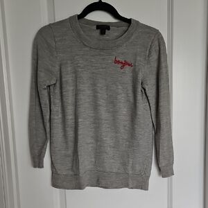 J. Crew Gray Crewneck Sweater with Red 'bonjour' Embroidery
